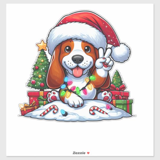 Peace Hand Basset Hound Christmas Lights Hond Vrou Sticker (Vel)