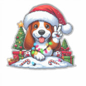 Peace Hand Basset Hound Christmas Lights Hond Vrou Sticker (Voorkant)