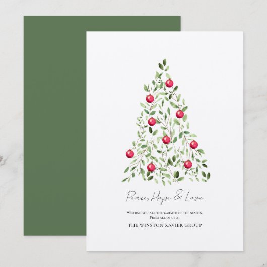 Peace Hope Love Modern Waterverf Botanische Boom Feestdagenkaart (Voorkant / Achterkant)