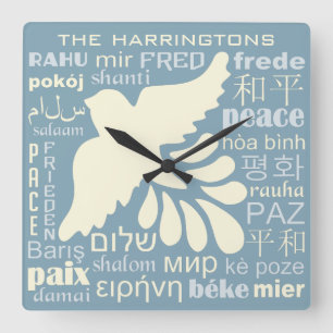 PEACE in languages custom name & color wall clock Vierkante Klok