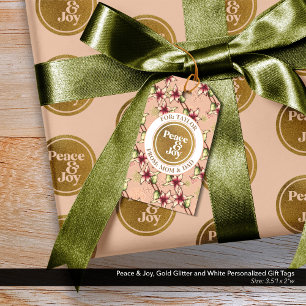 Peace & Joy, Gold Glitter Roze Wit Gepersonaliseer Cadeaulabel