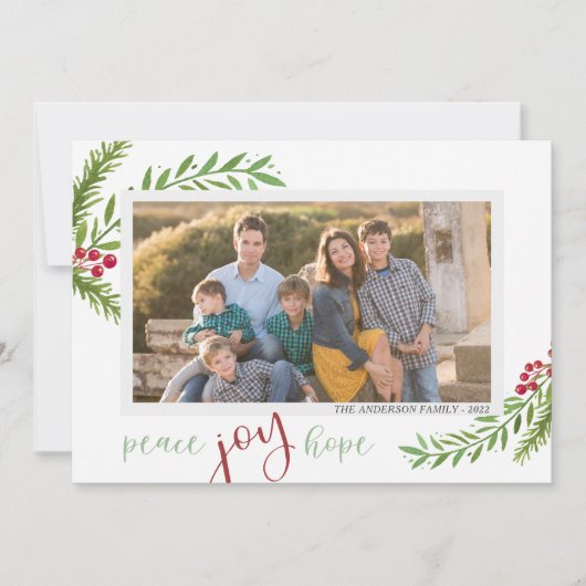 Peace Joy Hope Waterverf Twee kerstfoto's Feestdagenkaart (Voorkant)
