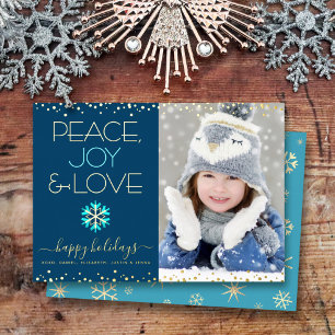 Peace Joy Love Foto Snowflake Navy Blue Real Gold Folie Feestdagenkaart