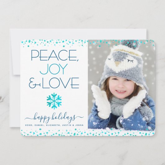 Peace Joy Love Script Chic Modern Snowflake Photo Feestdagenkaart (Voorkant)