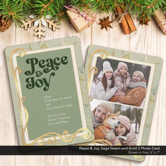 Peace & Joy Sage Green en Gold 2-fotokaart Feestdagenkaart