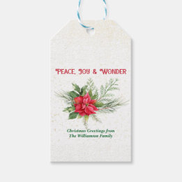 Peace Joy & Wonder Red Poinsettia Christmas Cadeaulabel
