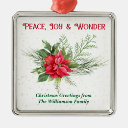Peace Joy & Wonder Red Poinsettia Christmas Metalen Ornament
