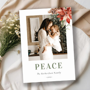 Peace Kerstmis Poinsettia Bunch Foto Waterverf Feestdagenkaart