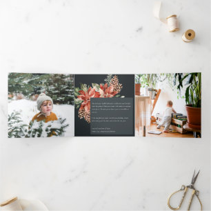 Peace Kerstmis Poinsettia Navy Black Pine 3 Foto Drieluik Wenskaart