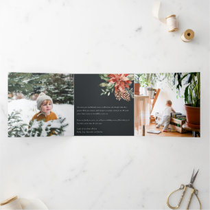 Peace Kerstmis Poinsettia Navy Black Pine 3 Foto Drieluik Wenskaart