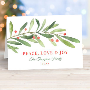 Peace Love and Joy Green Red Winter Greenery Feestdagen Kaart