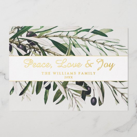 Peace Love and Joy  Olive Branch Gold Folie Feestdagenkaart (Voorkant)