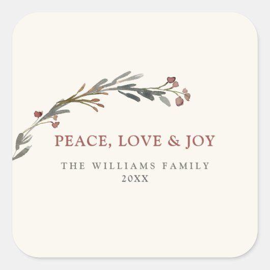 Peace Love and Joy Red Berries Greenery Holiday Vierkante Sticker (Voorkant)