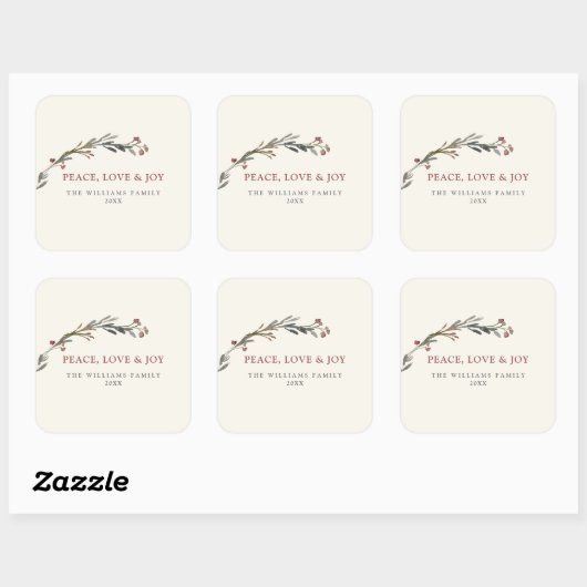 Peace Love and Joy Red Berries Greenery Holiday Vierkante Sticker (Vel)