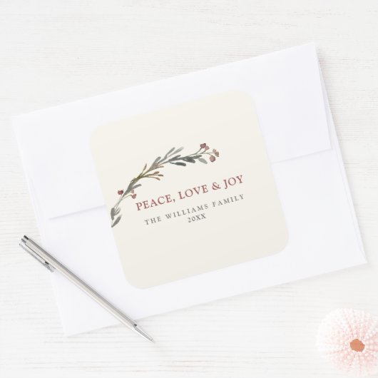 Peace Love and Joy Red Berries Greenery Holiday Vierkante Sticker (Envelop)