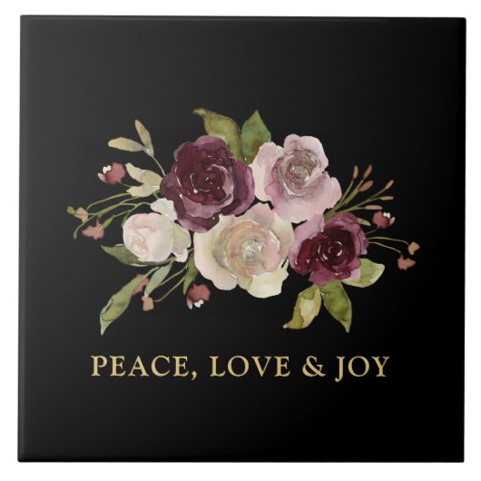 Peace Love and Joy Winter Bouquet Black Holiday Tegeltje (Voorkant)