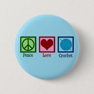 Peace Love Crochet Cute Blue Crocheting Ronde Button 5,7 Cm