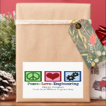 Peace Love Engineering Company Custom Christmas<br><div class="desc">Un autocollant de vacances de l'ingénieur cool avec un signe de paix,  le coeur et les engrenages. Mignons autocollants de Noël personnalisables pour une société d'ingénierie. Peace Love Engineering.</div>
