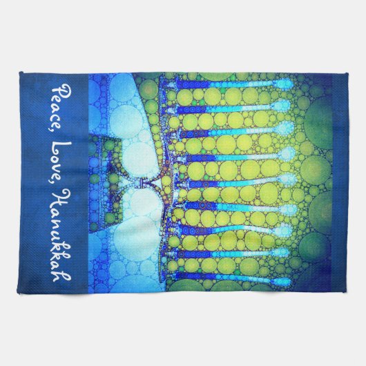 Peace Love Hanukkah Script Blue Green Menorah Theedoek (Horizontaal)