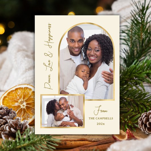 Peace Love Hapiness Script Gold Arch 3 Photo  Feestdagenkaart