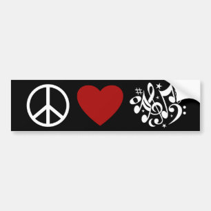 Peace Love Harmony Red Heart White Musical Notes Bumpersticker
