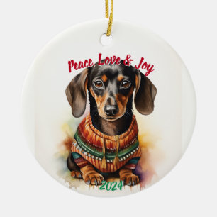 Peace, Love & Joy Dachshund: Waterverf Keramisch Ornament