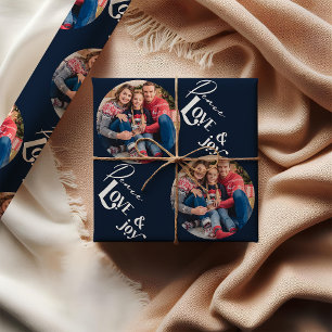 Peace Love Joy Elegante Typografie Blauwe Foto Cadeaupapier