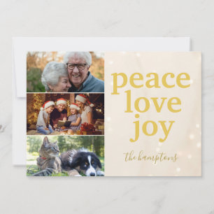 Peace Love Joy Gold Typography Photo Christmas Feestdagenkaart