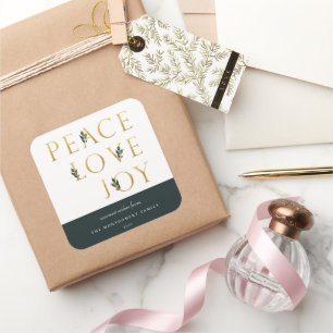 Peace Love Joy Golden Botanical Holiday Vierkante Sticker