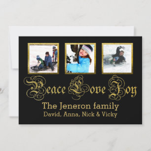 Peace Love Joy goud, zwarte kerst Groupon foto Feestdagenkaart