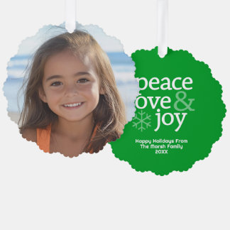 Peace Love Joy Green - Christmas Photo Ornament Kaart