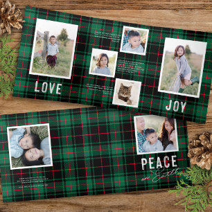 PEACE LOVE JOY Groene Tartan Vakantie Fotokaart Drieluik Uitnodiging