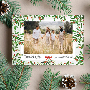Peace Love Joy, kerstbessen, aangepaste foto Feestdagenkaart