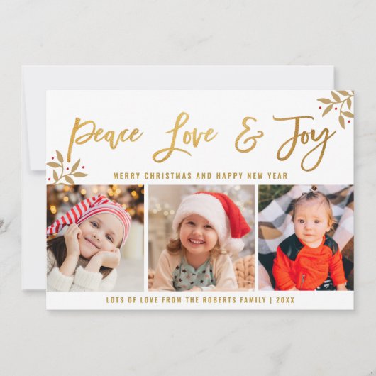 PEACE LOVE JOY | Kerstmis met gouden script Feestdagenkaart (Voorkant)