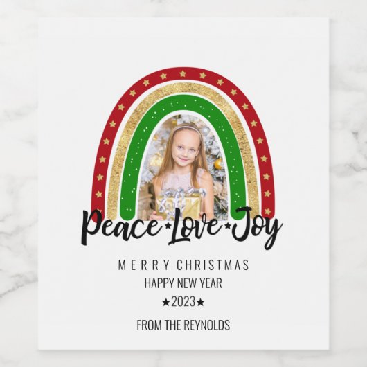 Peace Love Joy Merry kerstregenboogfoto Wijn Etiket (Enkel label)