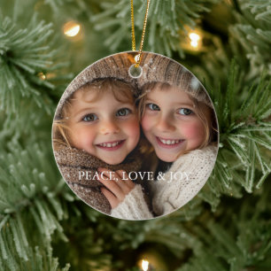 Peace Love Joy Minimal Classic Kerstfoto Keramisch Ornament