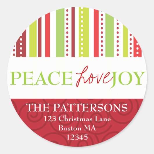Peace Love Joy Polka Dots & Stripes Adreslabel Ronde Sticker (Voorkant)