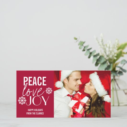 Peace Love Joy Red Snow Holiday Cartes photos (Debout devant)