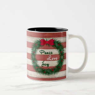 Peace, Love & Joy Red Stripe WreatMok Tweekleurige Koffiemok