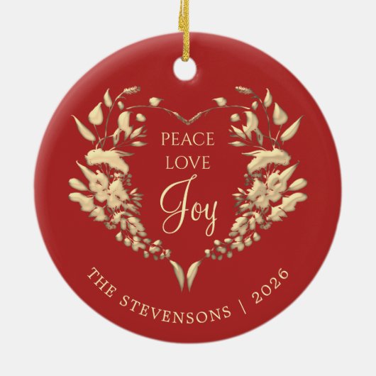 Peace Love Joy Rood Goud Kerstmis Keramisch Ornament (Achterkant)