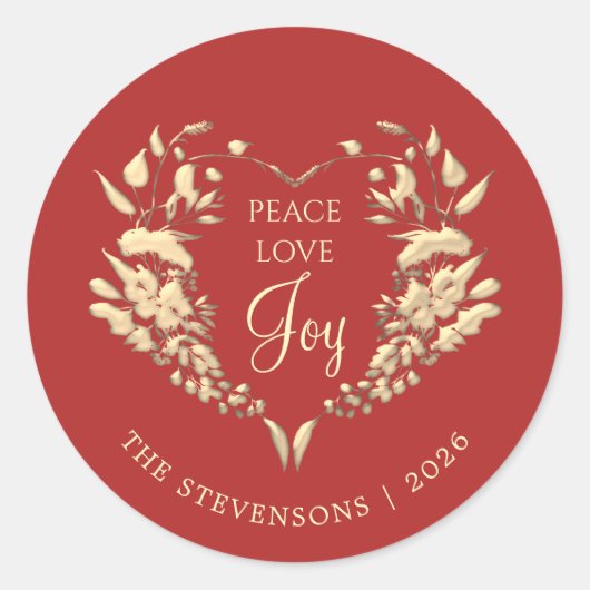 Peace Love Joy Rood Goud Kerstmis Ronde Sticker (Voorkant)