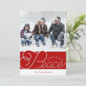 Peace Love Joy Script Red White 2-foto-Kerstmis Feestdagenkaart (Staand voorkant)