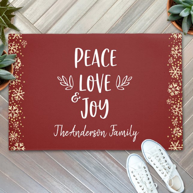 Peace Love Joy Snowflakes Typography Red Holiday Deurmat (Creator heeft geüpload)