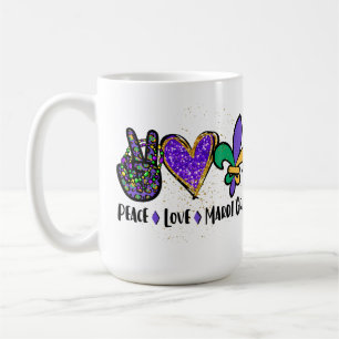 PEACE LOVE MARDI GRAS PAARS GROEN GOLD KOFFIEMOK