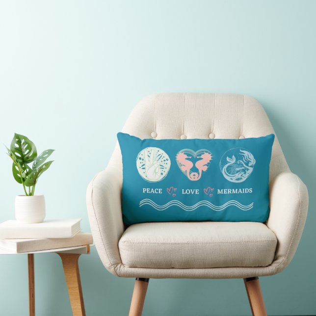 Peace Love Mermaids Artsy Turquoise Lumbar Coussin (Chaise)