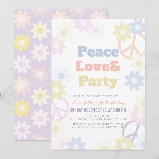 Peace Love & Party Girl Anniversaire Invitation (Devant / Derrière)