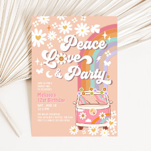 Peace Love Party Groovy Daisy Rainbow Verjaardag Kaart