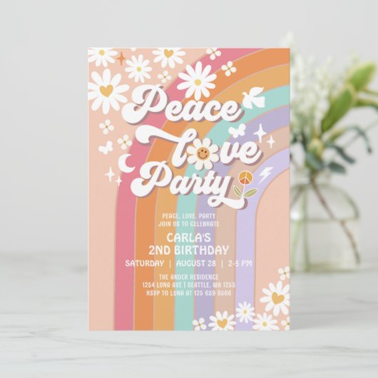 Peace Love Party Groovy Nodig Hippie Verjaardag ui Kaart (Staand voorkant)