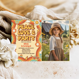 Peace Love Party Retro Regenboog 6e Verjaardag Fot Kaart