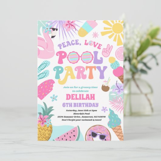 Peace Love Pool Party Groovy Summer Pool Birthday Kaart (Staand voorkant)